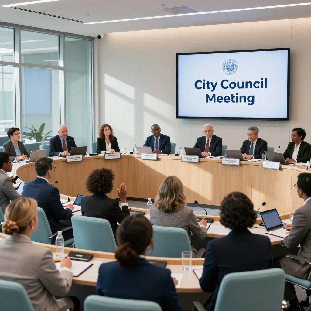 City Council Meeting in progress; people seated at a curved table, some speaking. Sign displays