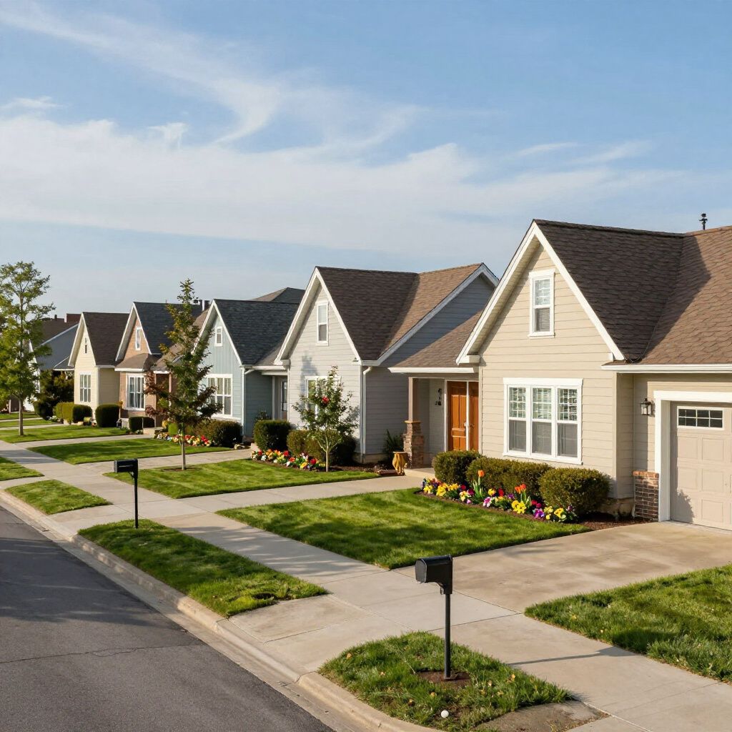 Row of houses with various colored exteriors and manicured lawns under a blue sky.