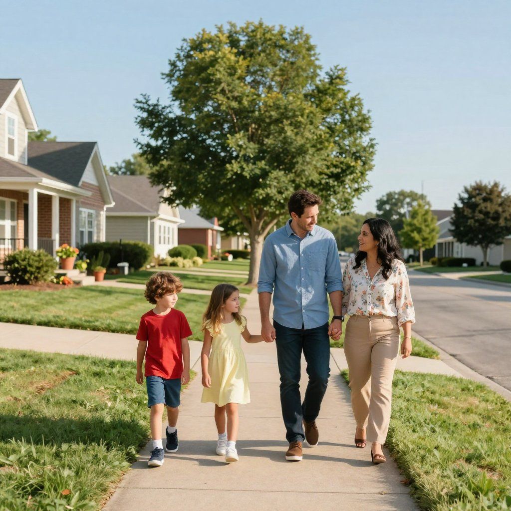 Family of four walking down a sidewalk in a suburban neighborhood on a sunny day.