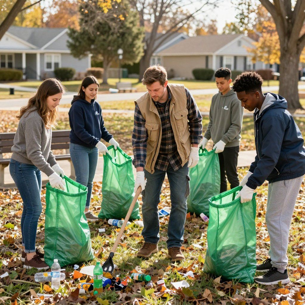 People picking up trash in a park, placing it in green bags. Sunny day, autumn leaves.