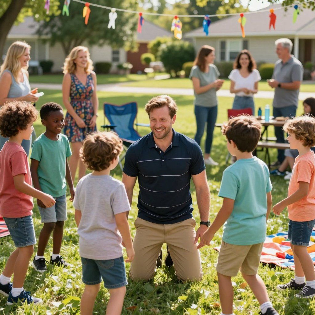A man kneels in a circle with several children on a lawn, while adults watch in the background.