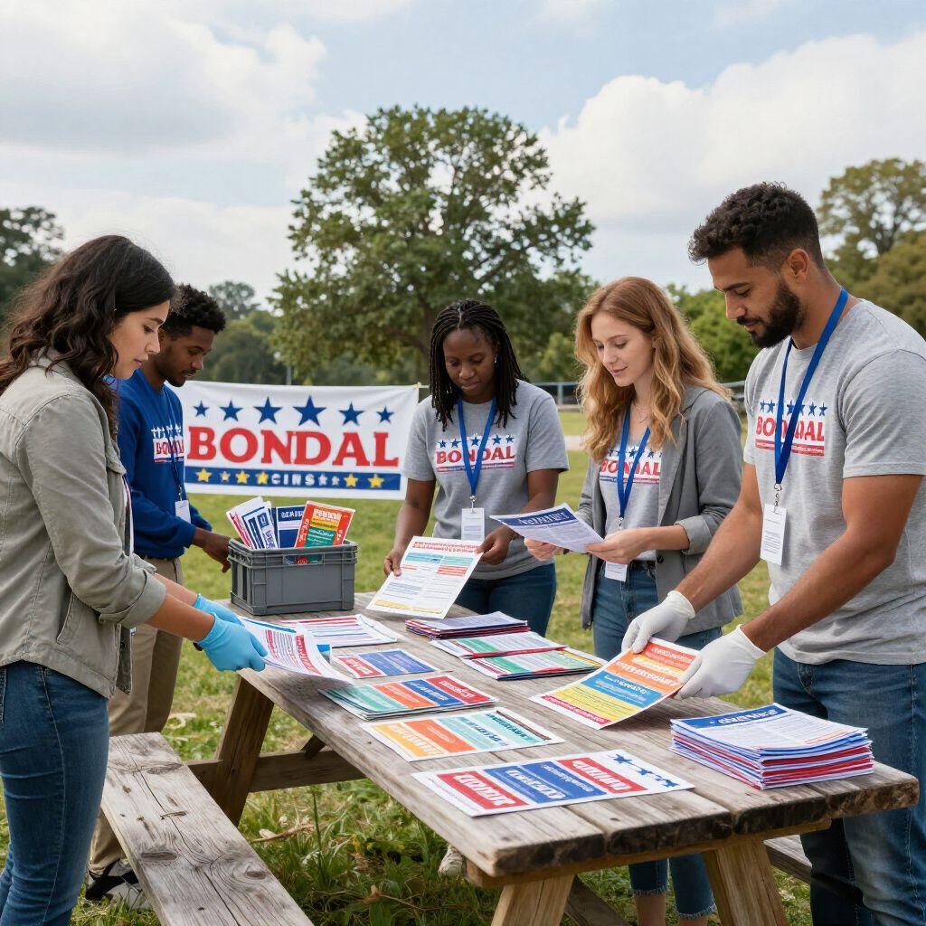 Volunteers organizing at a table with flyers under a banner that says "Bondal". Outdoors, sunny day.