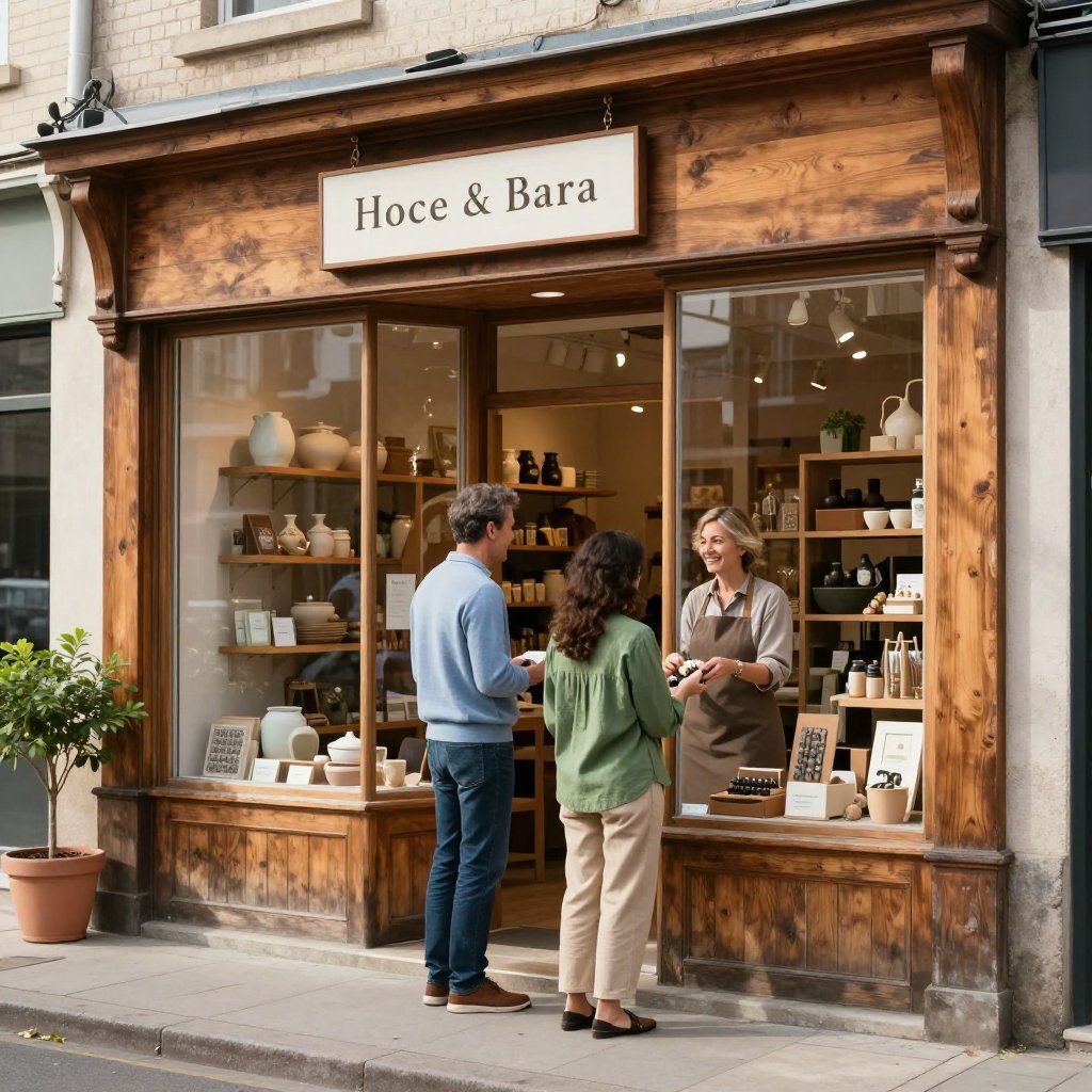 A shop exterior with a couple talking to the shopkeeper. Wooden facade, store name