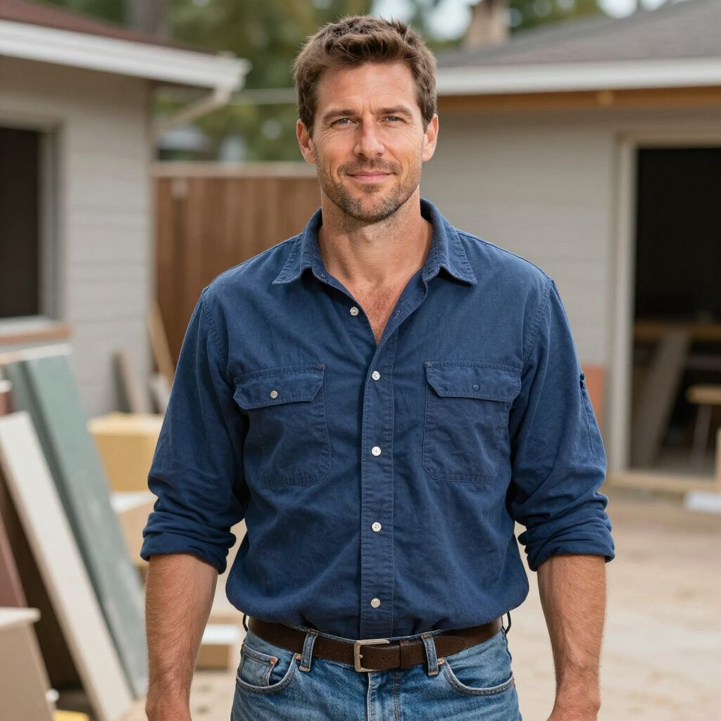 Man in blue shirt and jeans stands outside, construction materials in background.