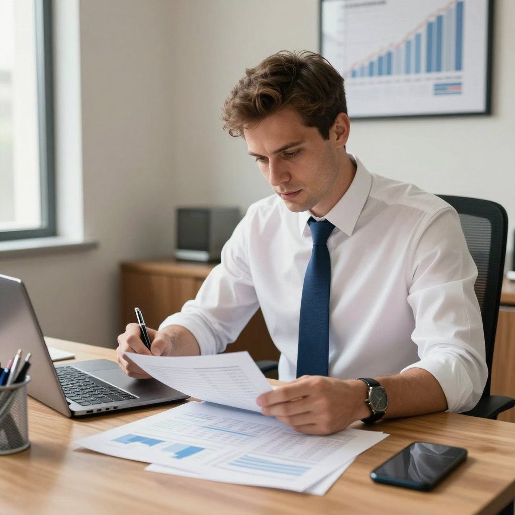 Man in white shirt and tie reviewing documents at a desk with a laptop and phone.
