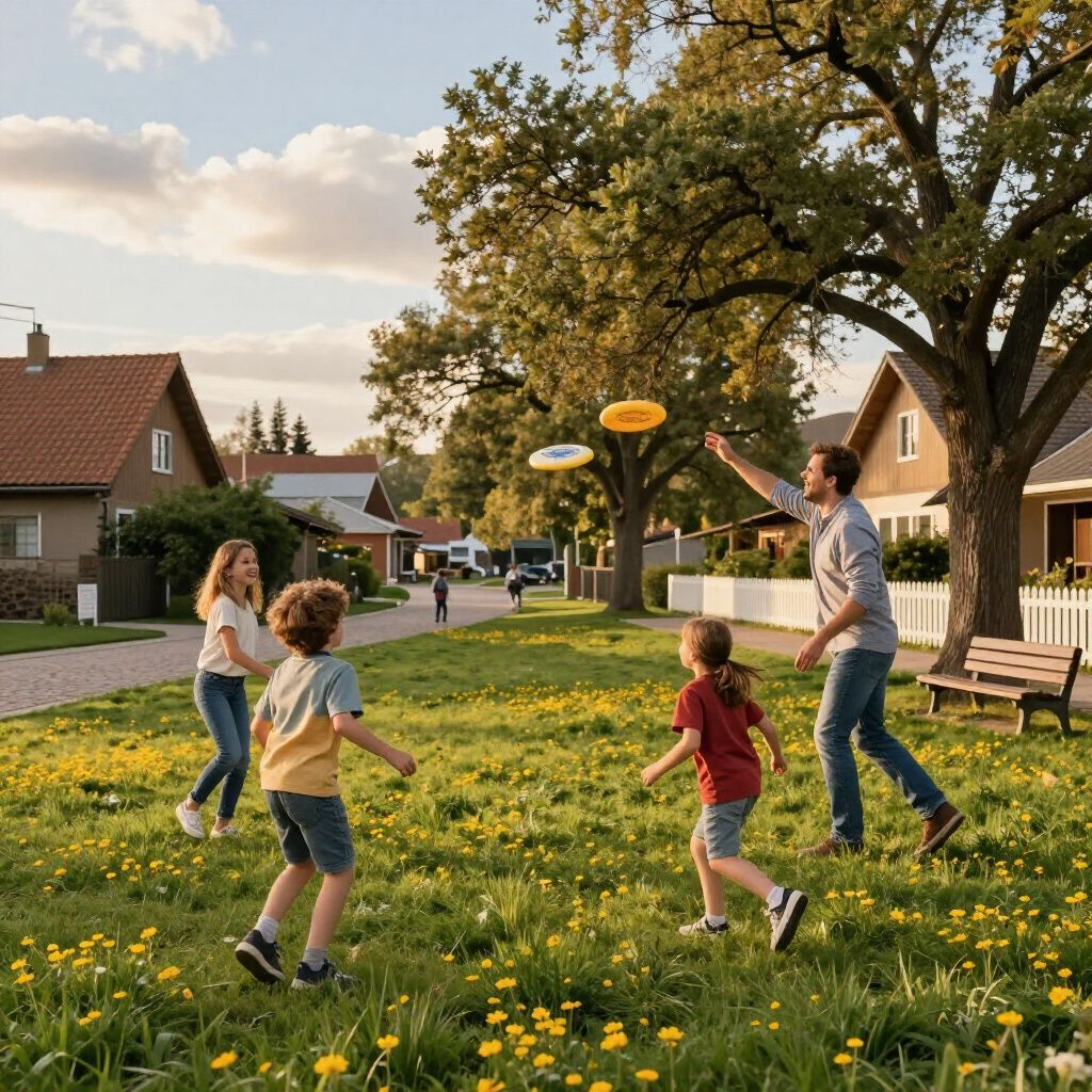 Family playing frisbee in a sunny yard with houses and trees.