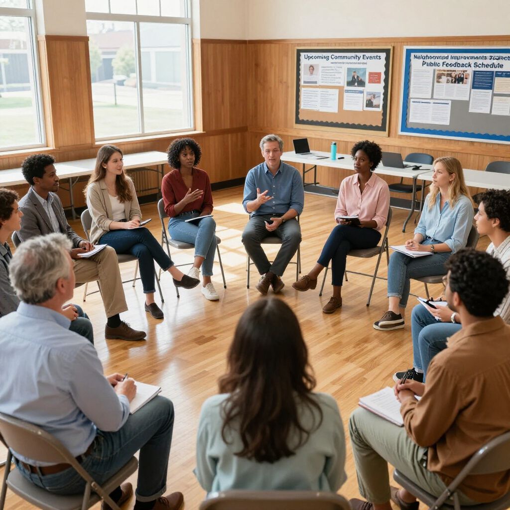 People seated in a circle, engaged in a discussion; wooden room, papers in laps, some gestures.