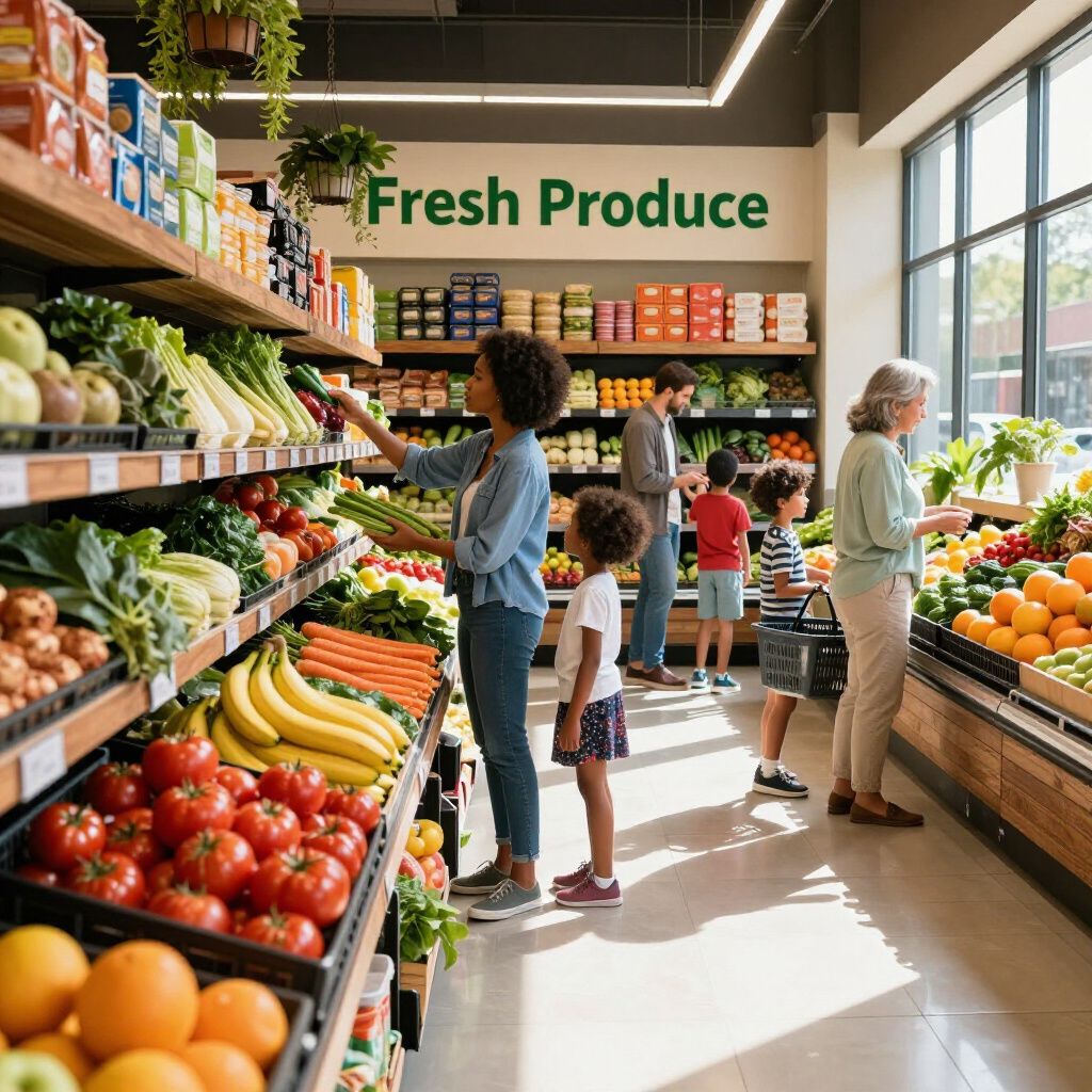People shopping for produce in a brightly lit grocery store.