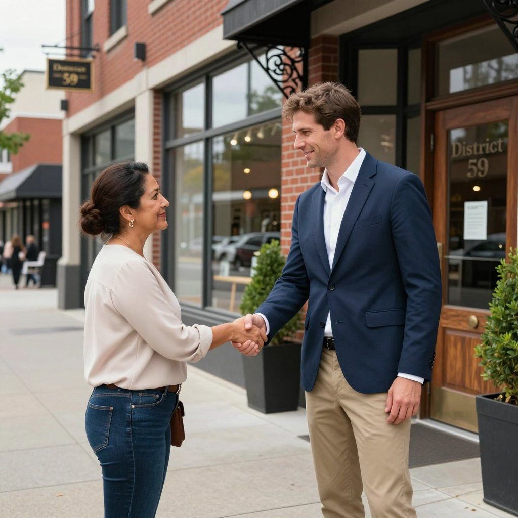 Woman and man shaking hands outside