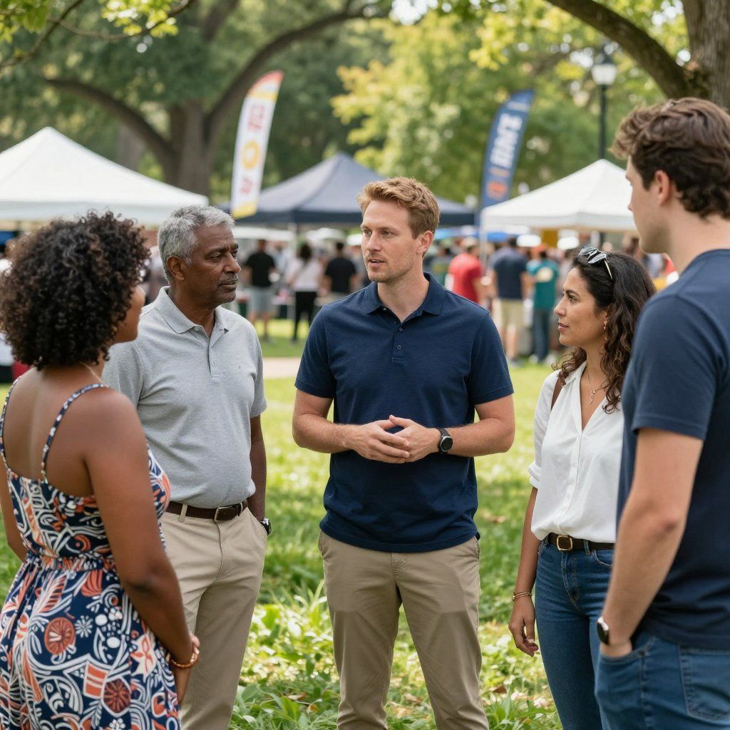 Group of people talking outdoors at a park, with booths and other people in the background.