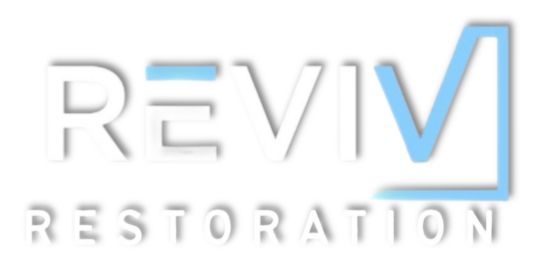 The REVIV Restoration logo in white and blue text centered inside a thin blue rectangular frame on a black background.