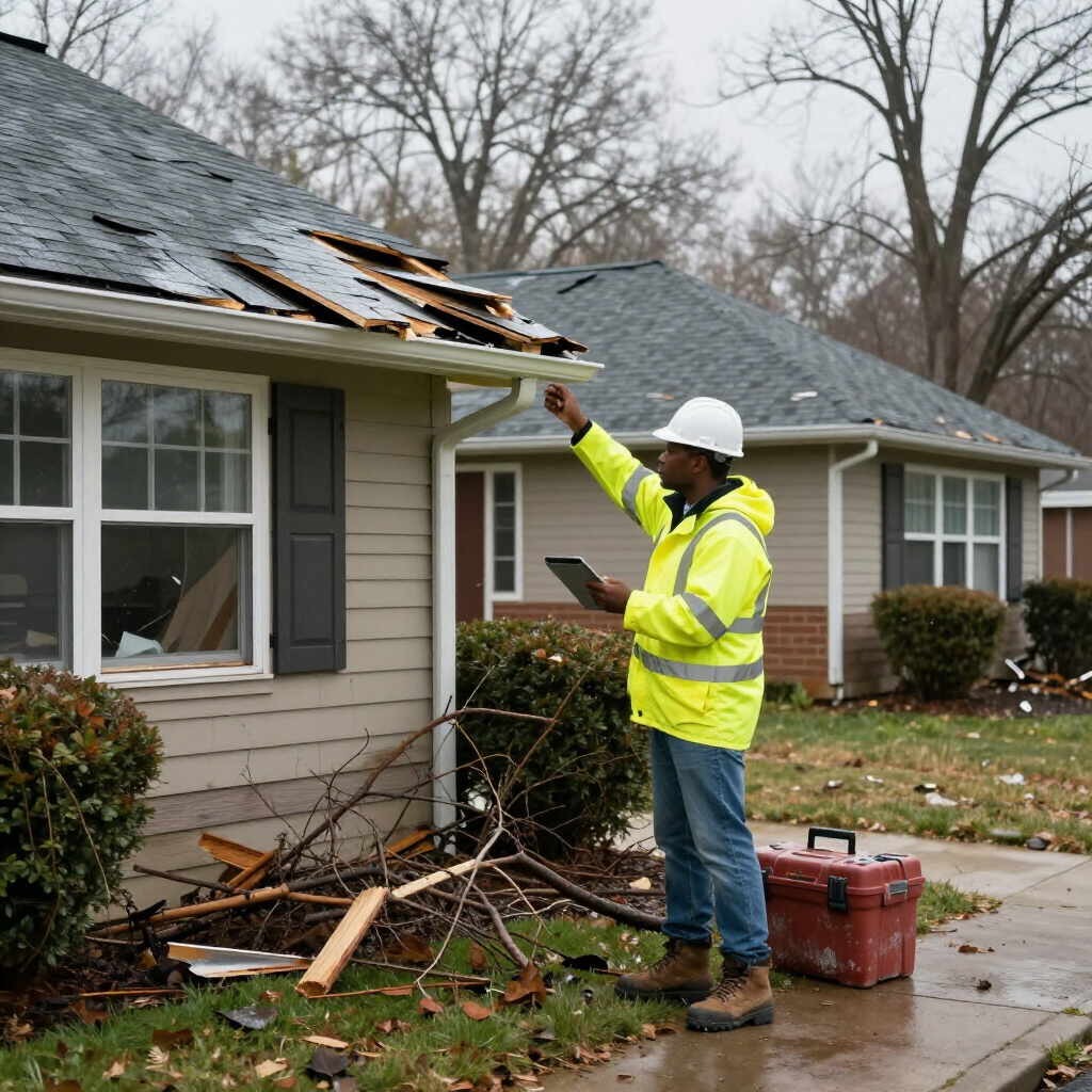 An insurance adjuster in a high-visibility jacket and hard hat examines storm-damaged house siding while using a tablet.