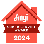 A red house with a red ribbon that says `` angi super service award ''.