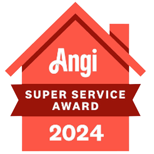 A red house with a red ribbon that says `` angi super service award ''.