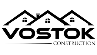 A black and white logo for a construction company called vostok construction.