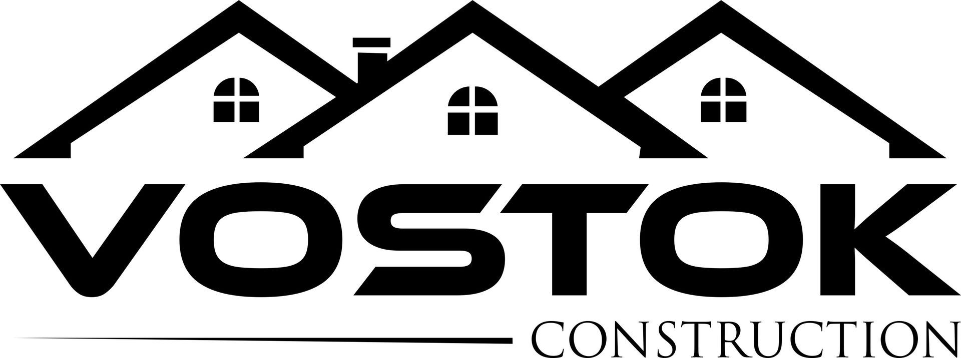 A black and white logo for a construction company called vostok construction.