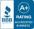 A blue sign that says bbb rating accredited business.