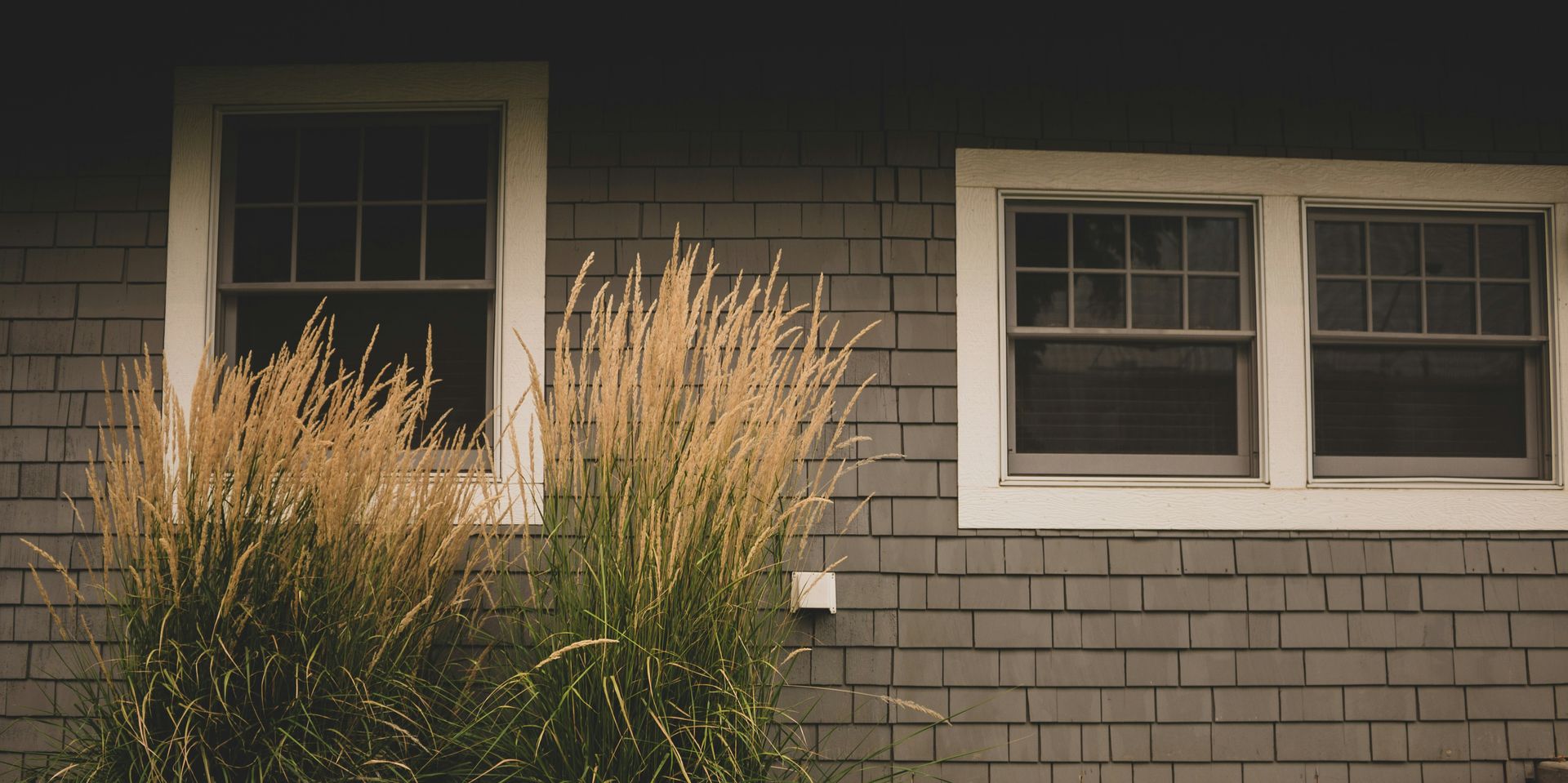 Gray shingle siding with white‑trimmed windows and tall ornamental grass.