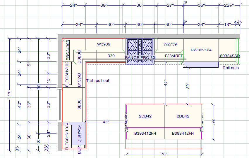 A drawing of a kitchen with measurements on a graph paper