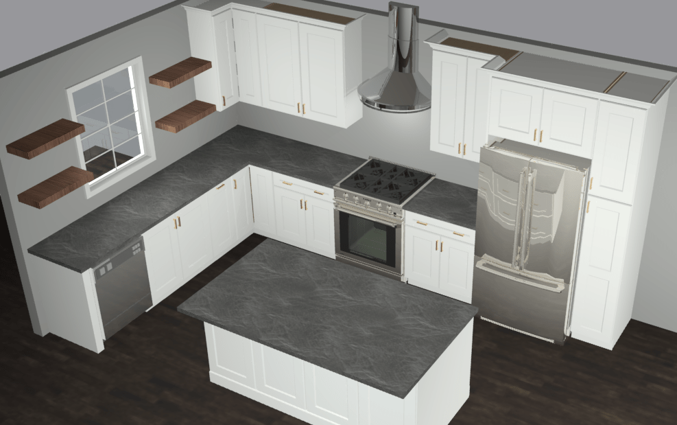 An aerial view of a kitchen with white cabinets and stainless steel appliances