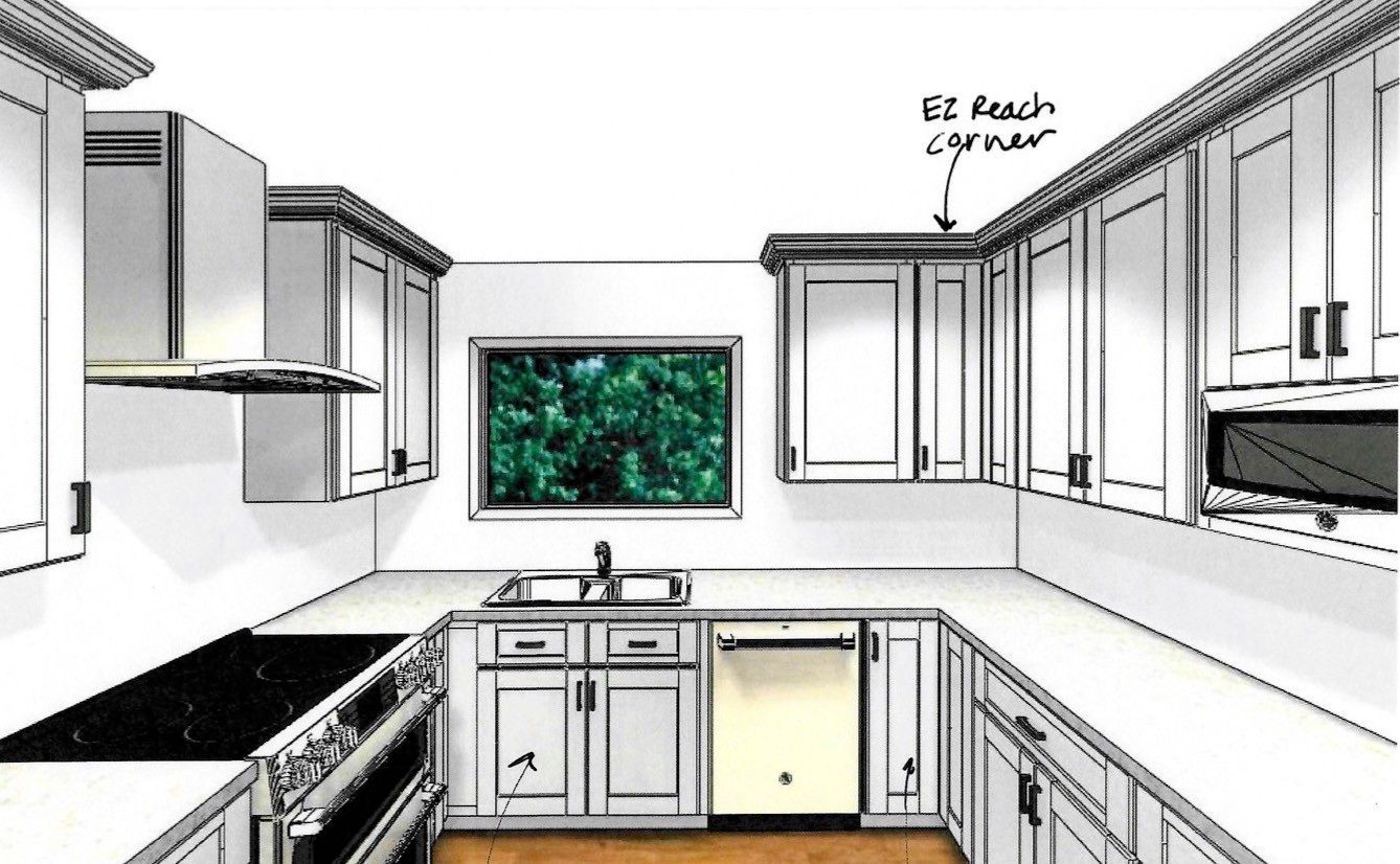 A drawing of a kitchen with white cabinets and a stove top oven