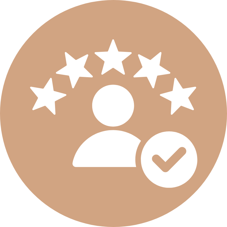 A person with five stars and a check mark in a circle.