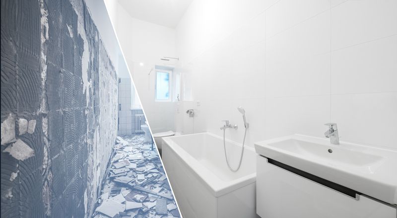 A before and after photo of a bathroom being remodeled.
