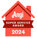A red house with a red ribbon that says `` angi super service award ''.