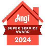 A red house with a red ribbon that says `` angi super service award ''.