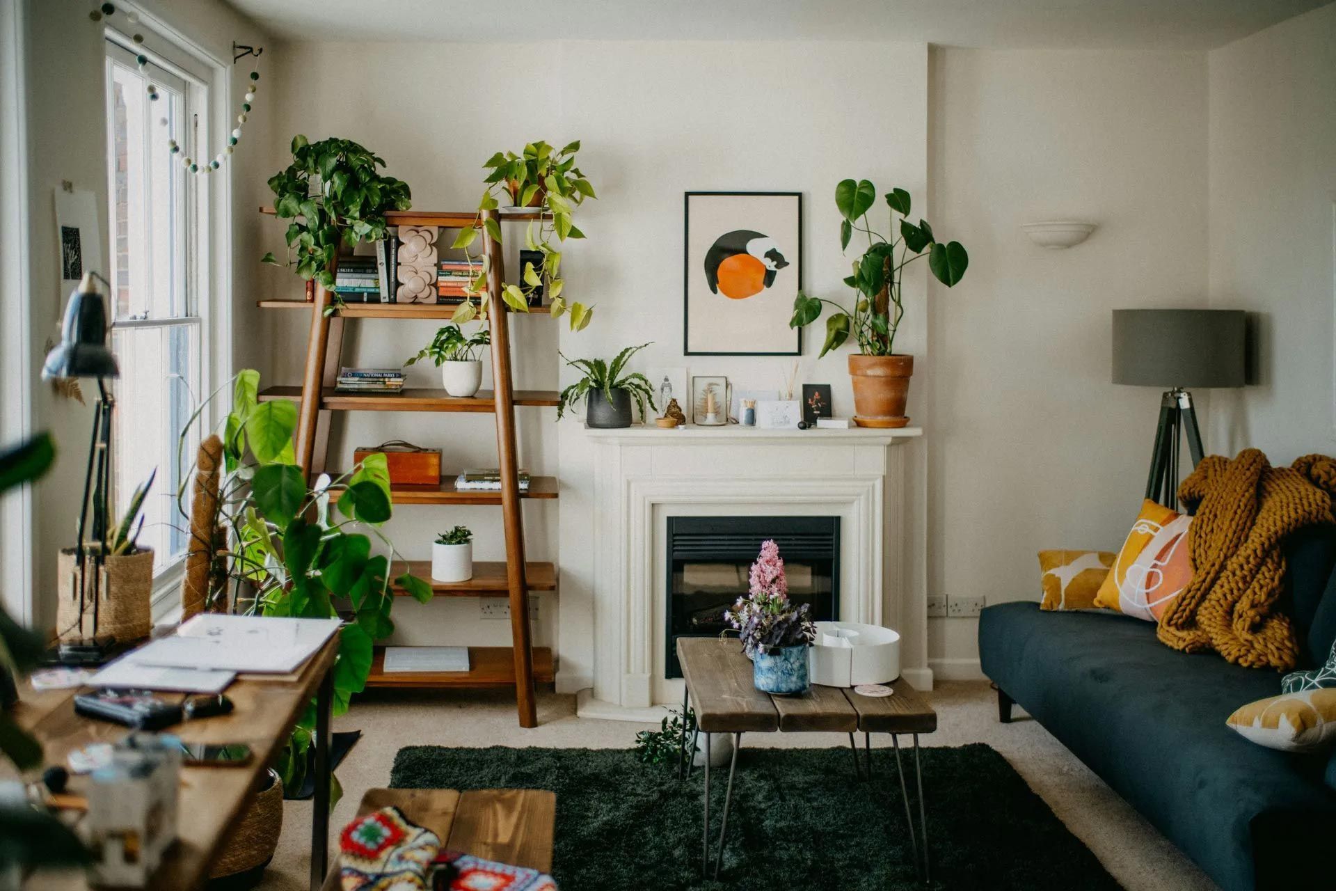 Cozy living room with plants, fireplace, books, and warm textures.