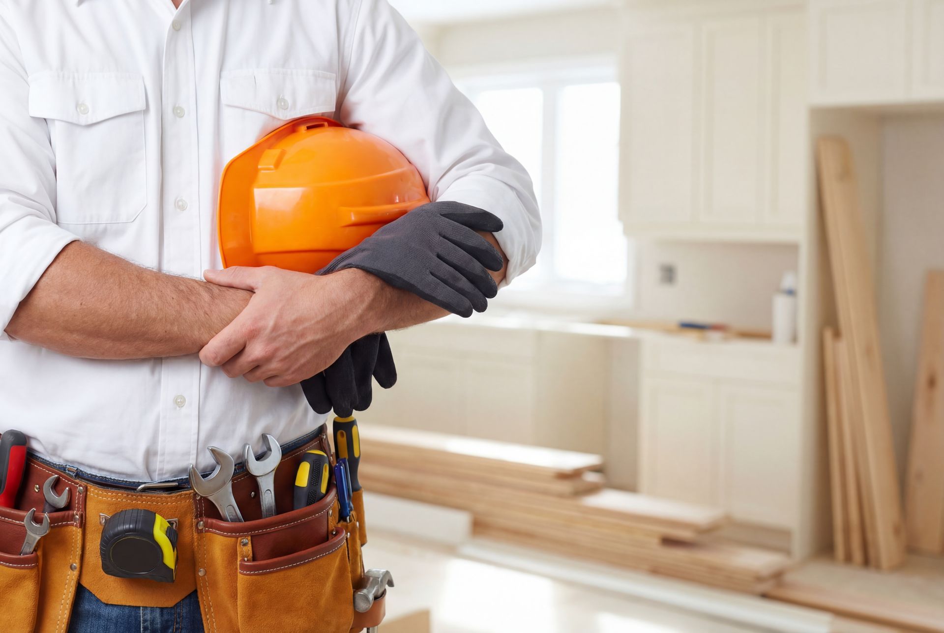 Construction worker holding a safety helmet inside a bright, partially renovated room.