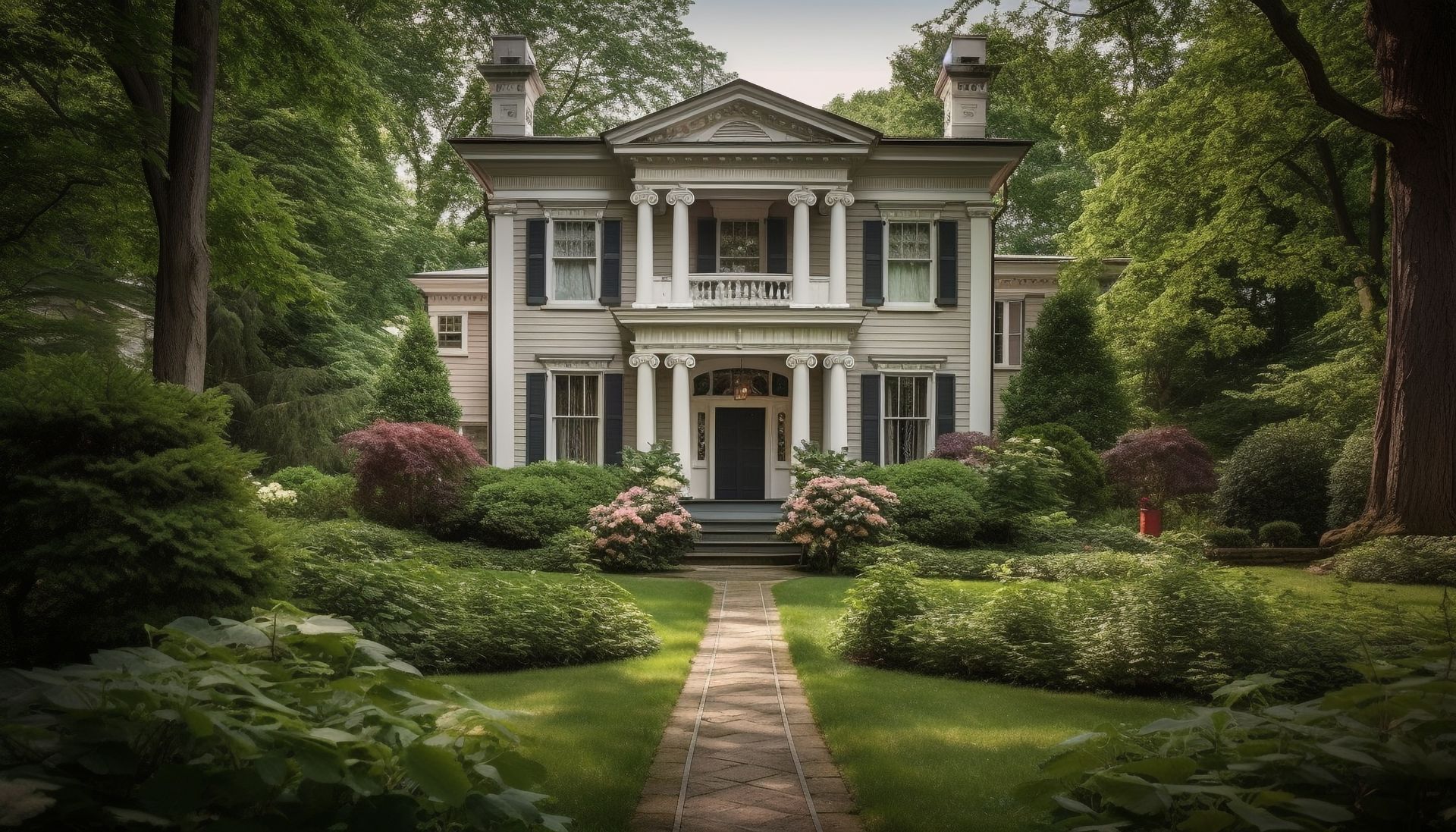 an older, historical home with lots of greenery