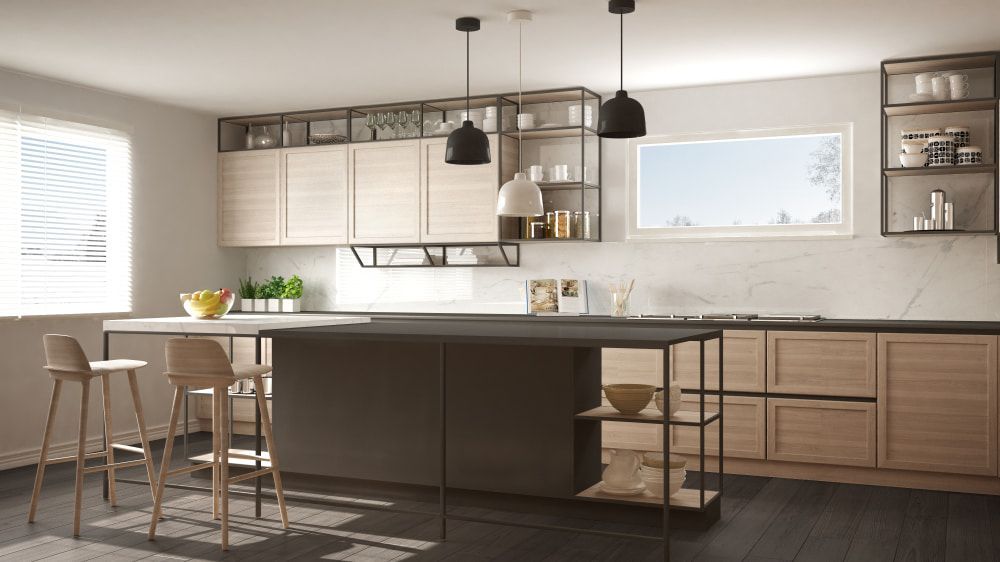 A Modern Kitchen With Wooden Cabinets And A Large Island — South East Kitchens In Burleigh Heads, QLD