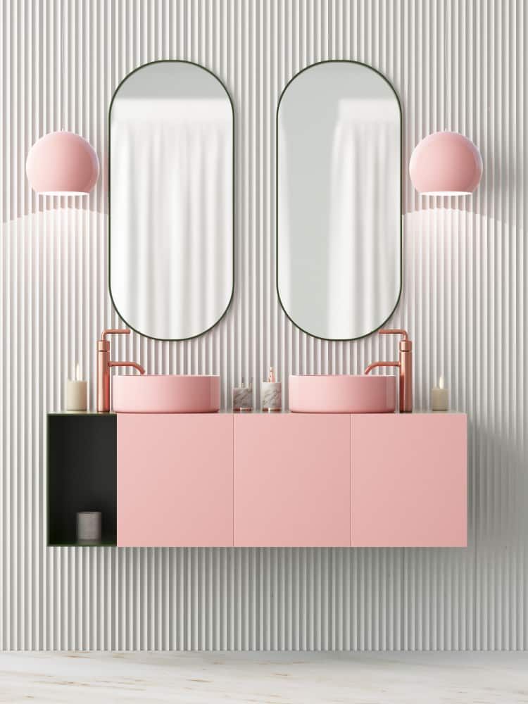 A Bathroom With Two Pink Sinks And Two Mirrors — South East Kitchens In Gold Coast, QLD