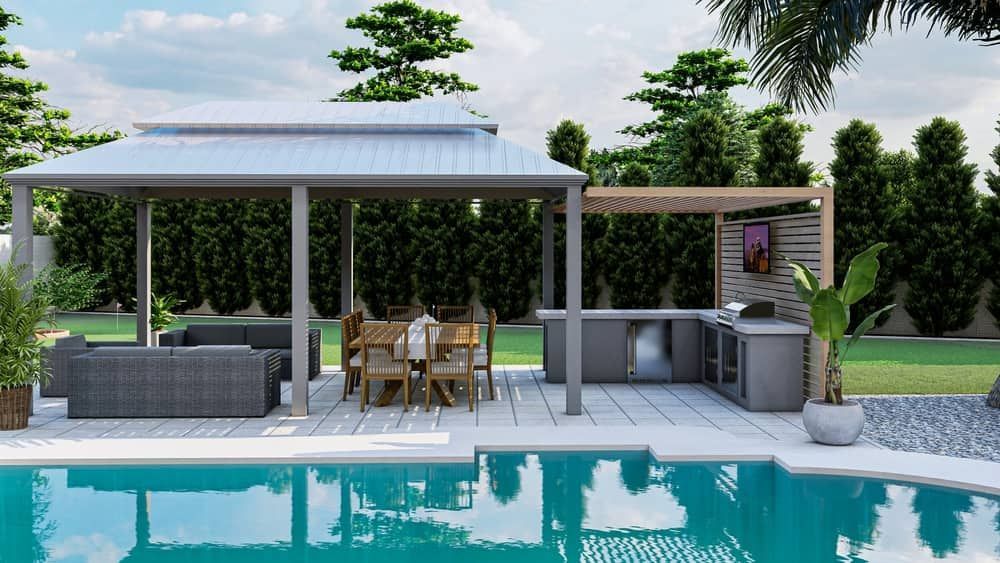 A Rendering Of A Backyard With A Swimming Pool And A Pavilion — South East Kitchens In Burleigh Heads, QLD
