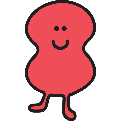 A red cartoon character with a smiley face and legs