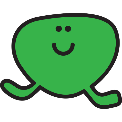 A green cartoon character with a smiley face on it 's face.
