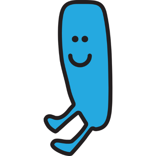 A blue cartoon character with a smiley face and legs.