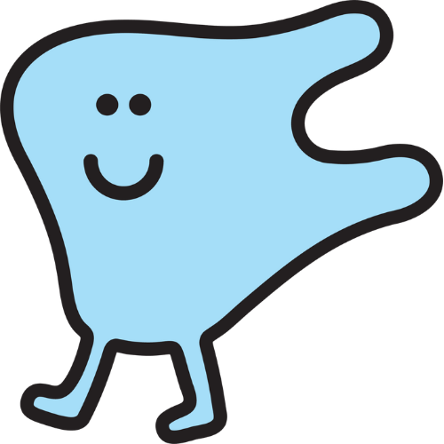 A cartoon drawing of a blue tooth with a smiling face.