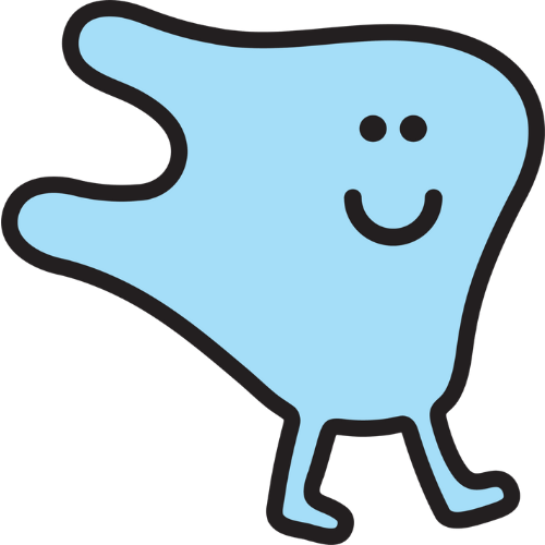 A cartoon drawing of a blue tooth with a smiling face.