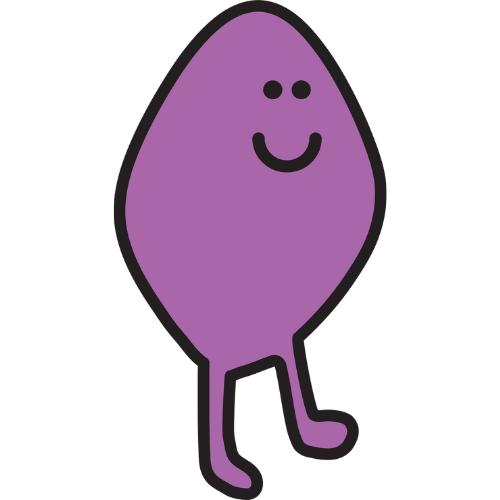 A purple cartoon character with a smiley face and legs.