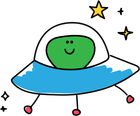 A cartoon drawing of a green alien in a flying saucer.