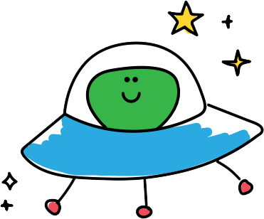 A cartoon drawing of a green alien in a flying saucer.