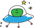 A cartoon drawing of a green alien in a flying saucer.