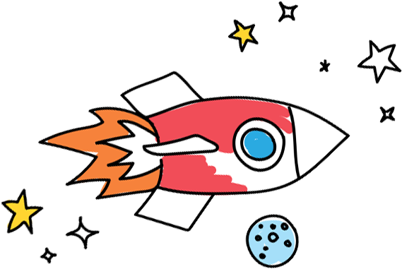 A cartoon drawing of a rocket flying through space surrounded by stars.