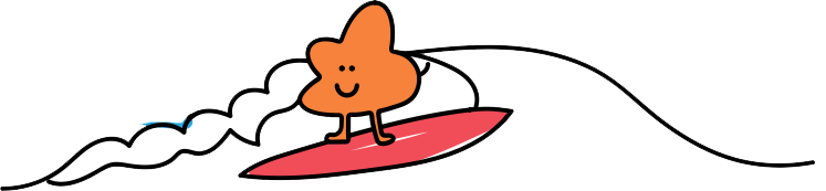 A cartoon character is riding a wave on a surfboard.