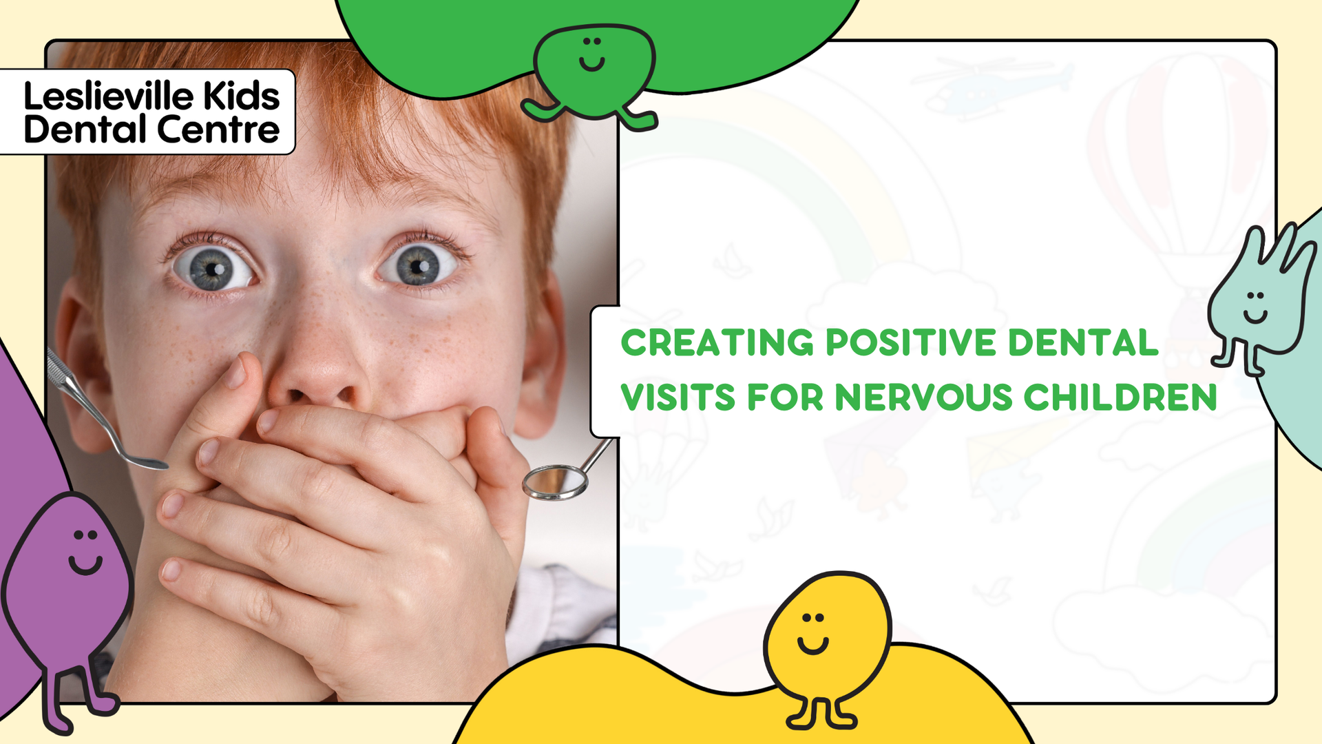 A poster for leslieville kids dental centre shows a boy covering his mouth with his hands