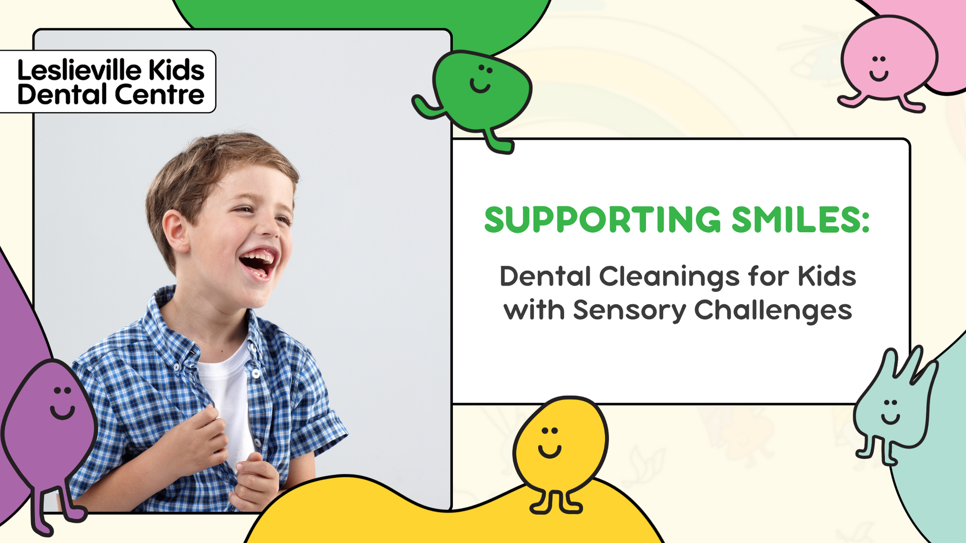 A boy is holding a toothbrush in front of a sign that says supporting smiles