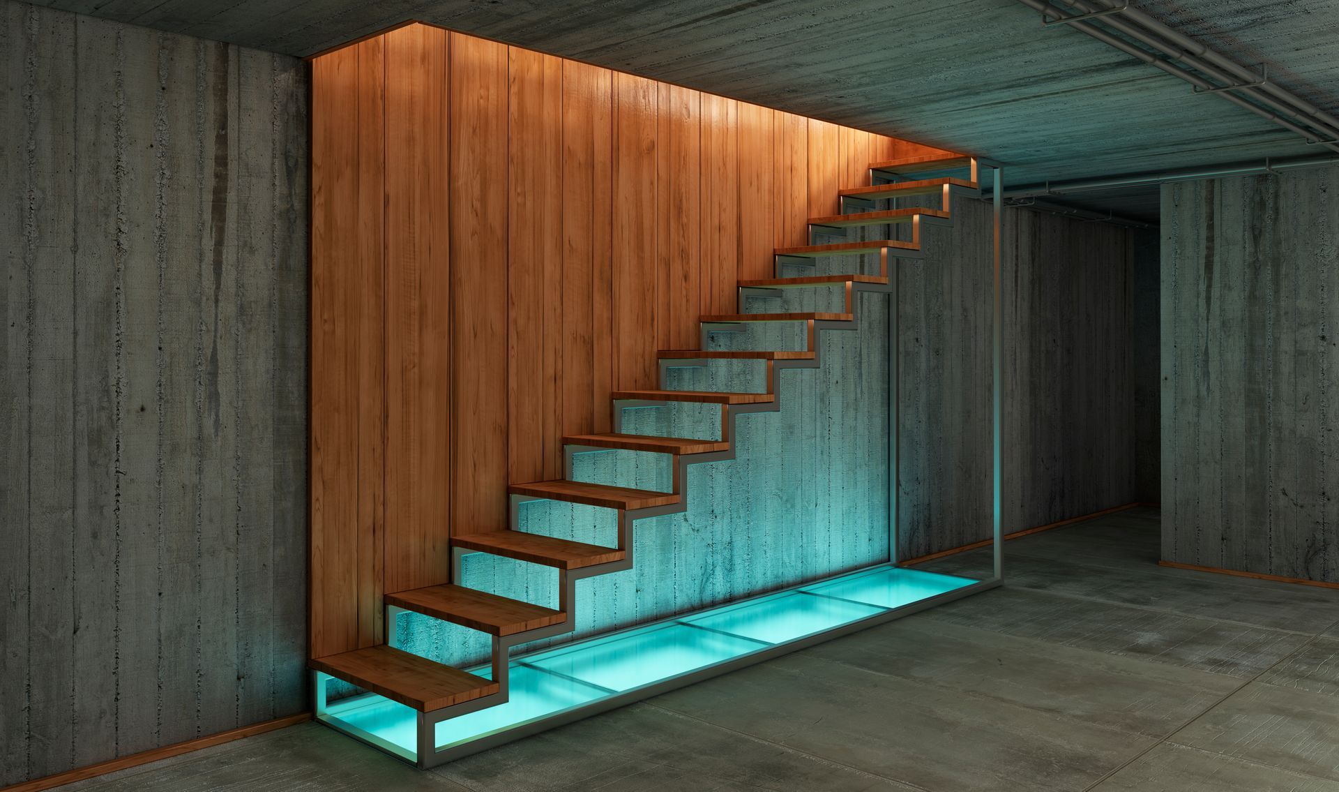 A wooden staircase in a basement with a glass floor.