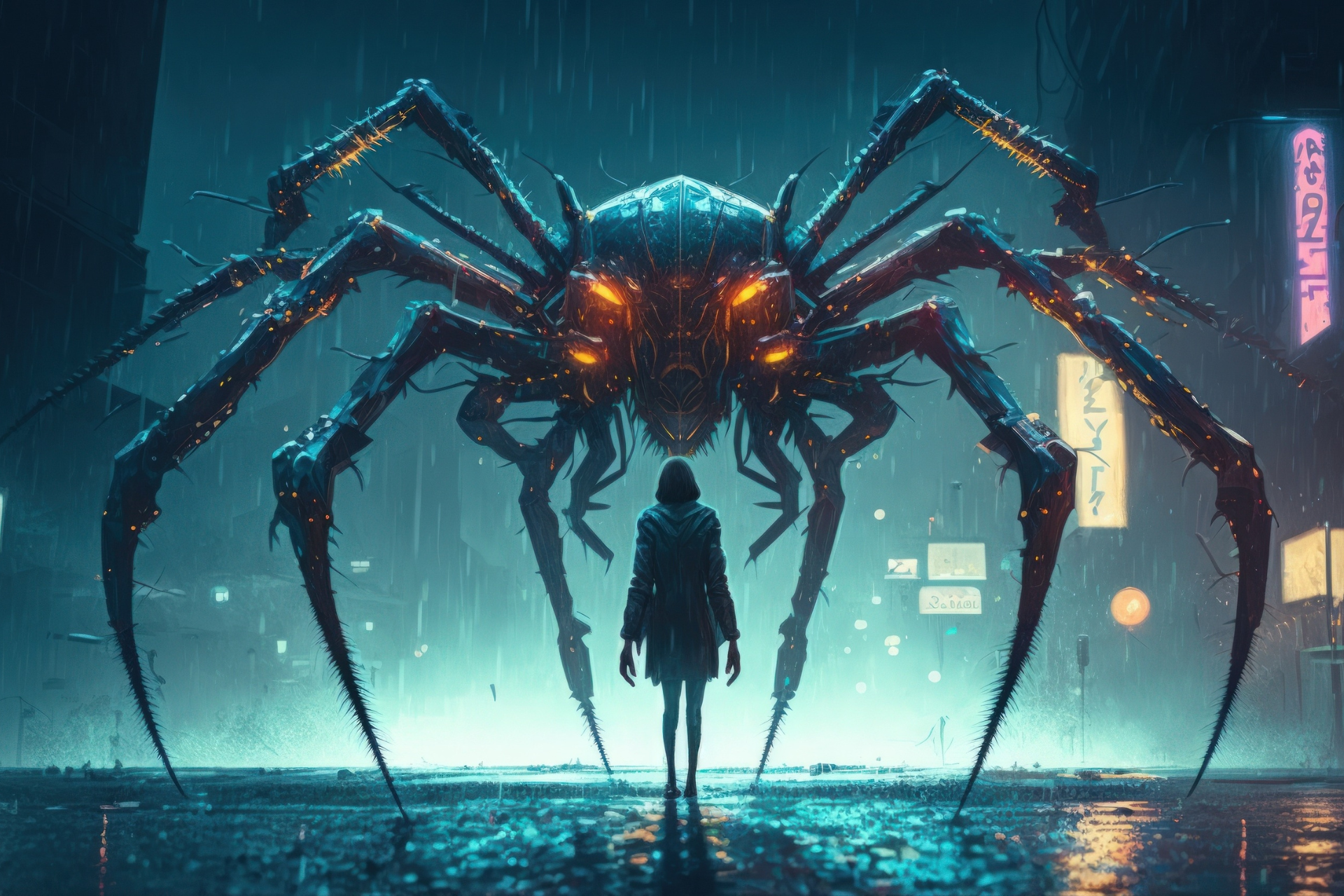 A woman is standing in front of a giant spider in the rain.